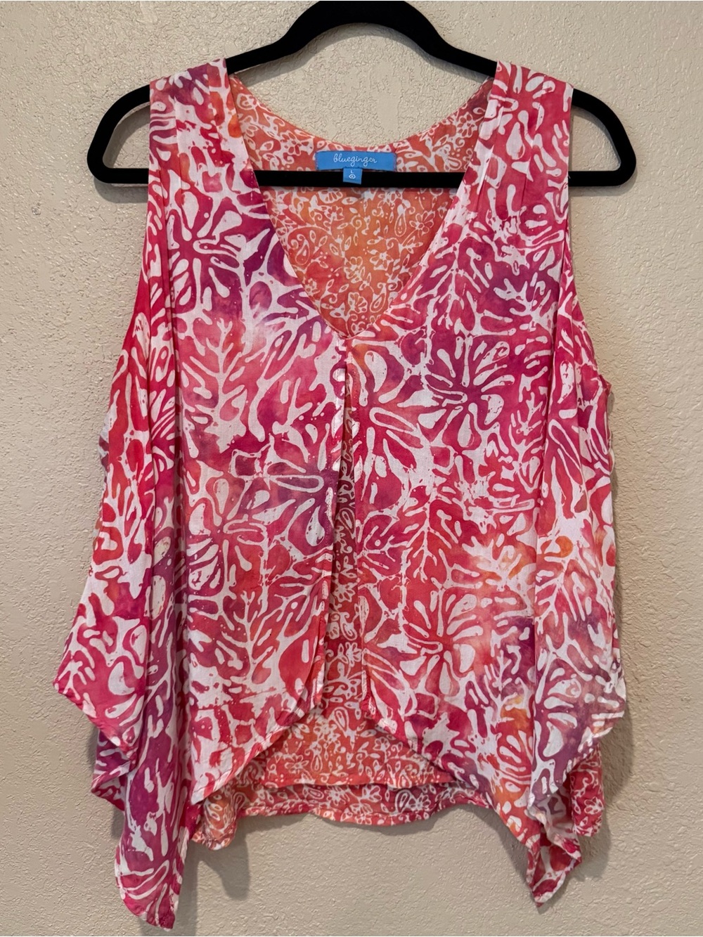 Blue Ginger Vibrant Fuschia Orange Floral V-Neck Top Beach Resort L
